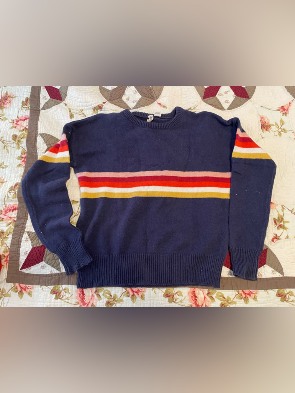 Sky and Sparrow Navy Crewneck Sweater with Yellow, Red, Pink & Cream Stripes